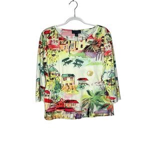 Northern Isles Top Womens XL Multicolor Village Print 3/4 Sleeves Made In Peru